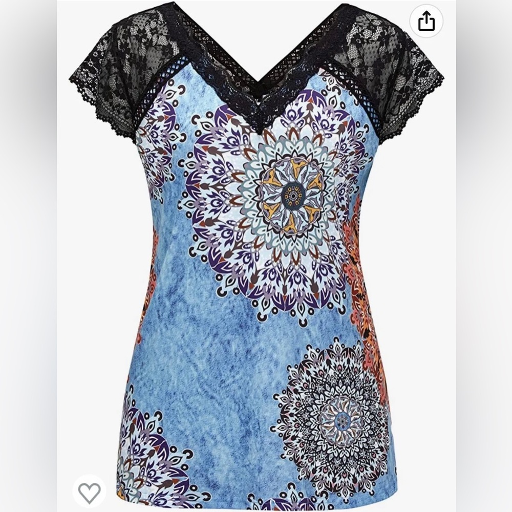 Women’s Lace top with cap sleeves pretty geometric design blouse size me…
